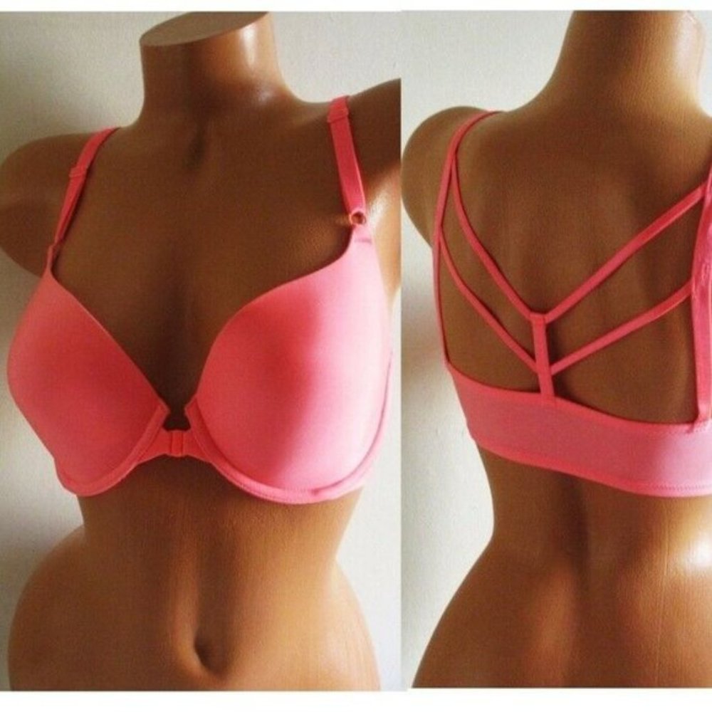 VICTORIA'S SECRET T-Shirt Lined Demi Bra 32DD Front Close Cage Back Coral Smooth